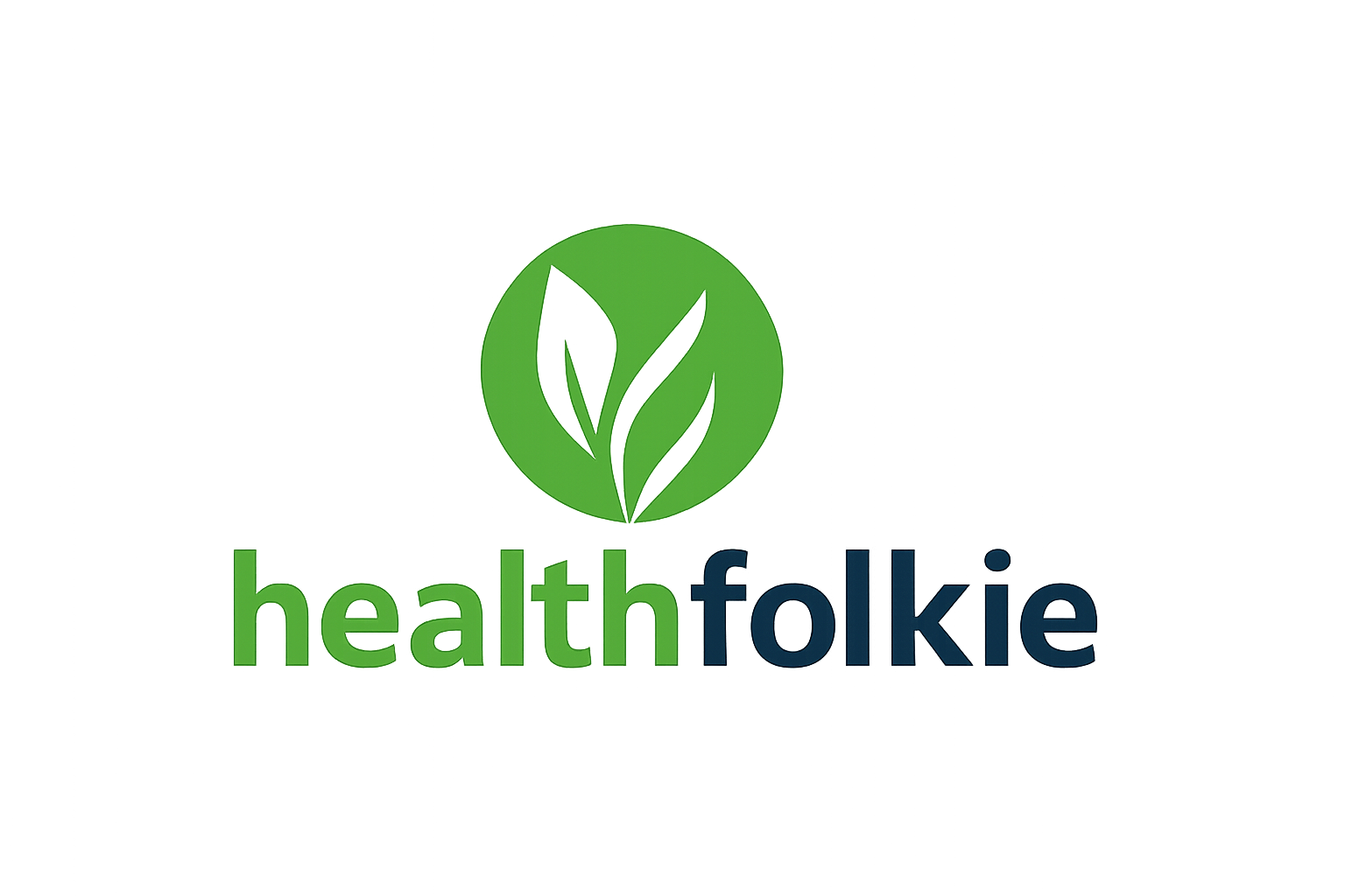 HealthFolkie logo featuring a green leaf icon and modern text in green and navy blue